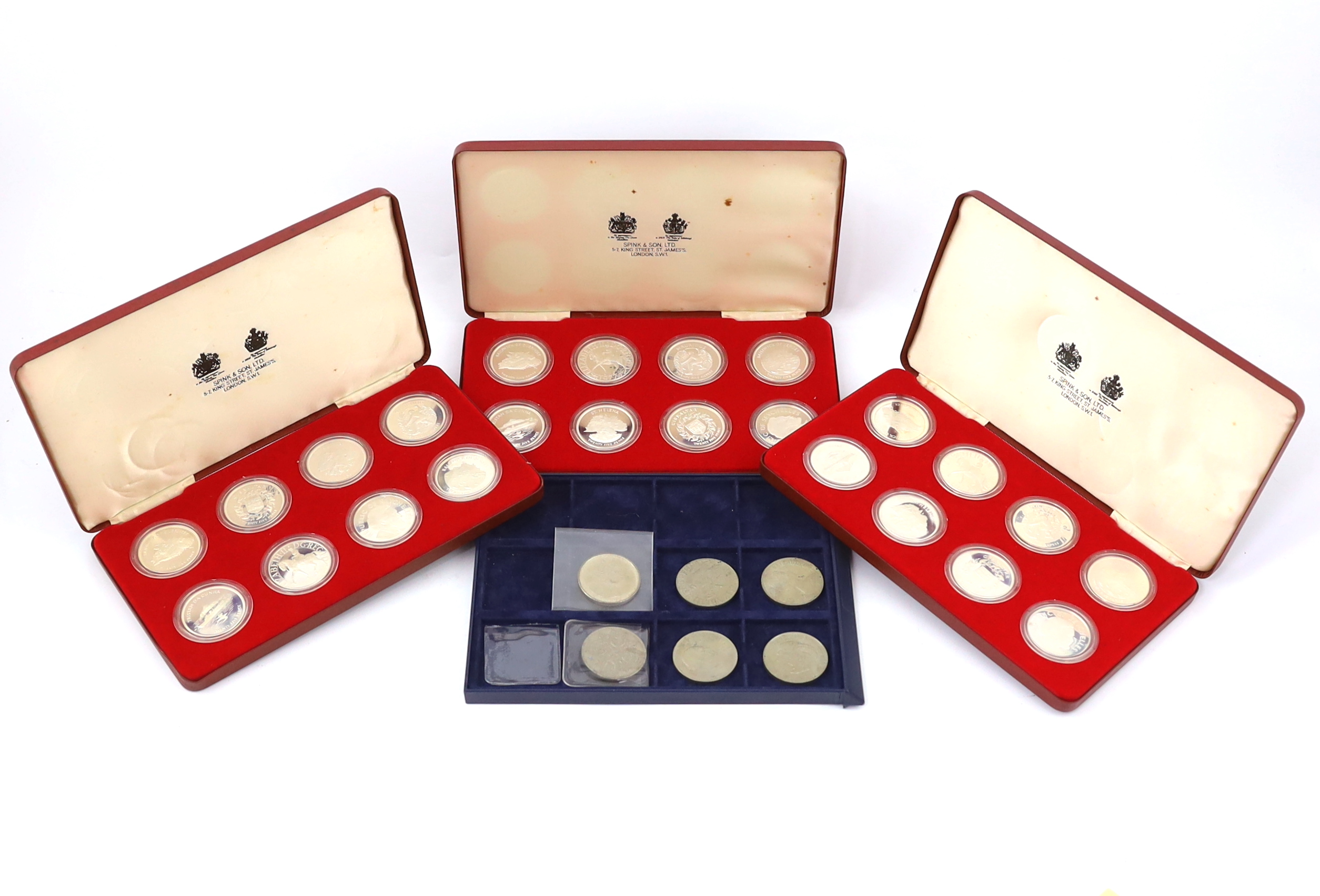 British proof silver coins, Three cased sets of eight crown pieces of the Commonwealth issued to commemorate the Queen's Silver Jubilee in 1977 and other commemorative crowns
